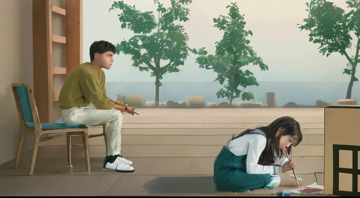 girl sitting on the floor and drawing a paint, boy sitting on the chair and looking at the girl, 