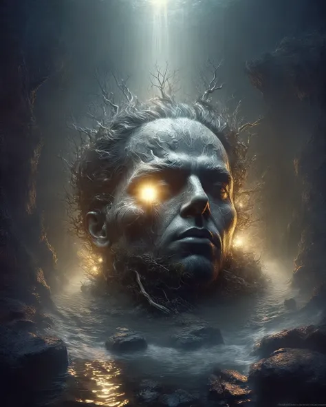 in style of conté artwork, portrait, beautiful detailed，Portrait of a huge head sculpture falling in water，Great Wilderness，Dense fog，old，Dead branches，Art style of Philip Hodas，Matte of the human soul, realism ，BDO works by American digital artist Stuart ...