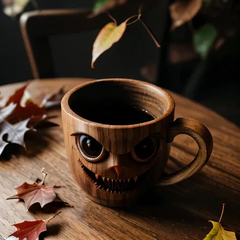 the cup is made of wood, has eyes and a mouth, scary eyes, scary teeth, leaves are in the cup