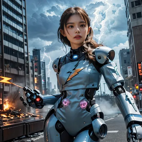 (Articulated jellyfish robots are invaders destroying cities:1.7)、SF、destroyed metropolis、challenge the invaders、urban decline、burning flame、collapsing high-rise building、rising smoke、fierce battle、flying sparks、swirling rubble、ruined cityscape、futuristic ...