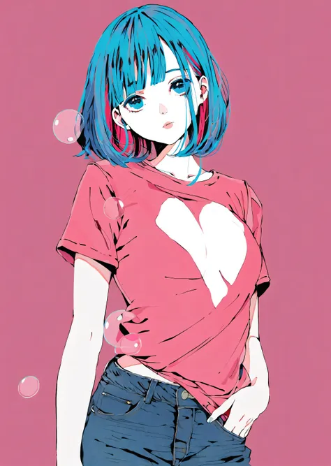 anime girl with blue hair and a pink shirt with a heart on it