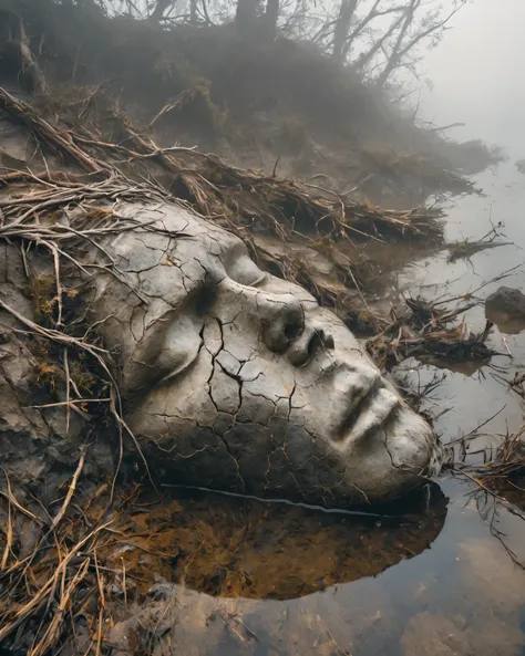 in a desolate landscape，(close-up of a huge handsome sculpture head lying in the water）。the scene is shrouded in thick fog，adds ...