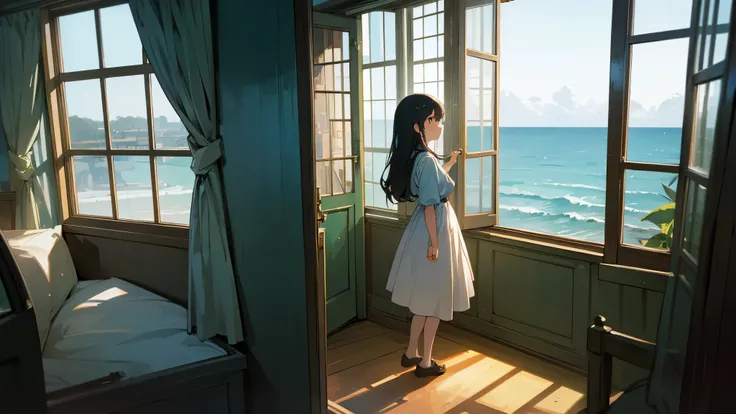 ((high quality)), ((masterpiece)), 8K, By the window on the second floor，I can see the sea，A girl looks out the window at dusk，LoFi，evening，plants by the window，Ghibli style，Stick your head out the window，There is a bed and books in the room.，elaborate fac...