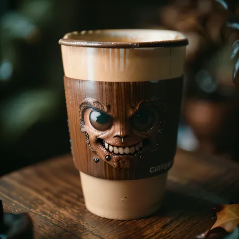 CarnageStyle Brown cup of coffee, scary, 24mm, (analog, cinematic, film grain:1.3), Bokeh DOF, (Masterpiece:1.3) (best quality:1.2) (high quality:1.1) the cup is made of wood, has eyes and a mouth, scary eyes, scary teeth, leaves are in the cup