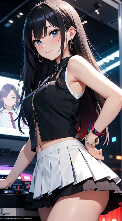 anime、highest quality、best image quality、masterpiece、girl vs.((18-year-old、black crop top vest、white short skirt、vest bust、bust 85、black hair、long hair、e blue eyes、please open your heart、blissful、chain accessories、black wristband on wrist、something thin、la...