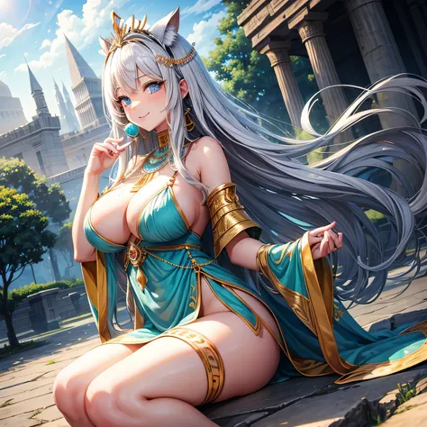 whitening　gray hair　long hair　blue eyes　smile　tiara　green egyptian costume　beauty　sexy　big breasts　mature　whole　Mysterious　Charm　fascinating　I don&#39;t think so.　pyramid　valley key　beautiful breasts　cover your mouth　fortune teller　holding tarot cards in h...