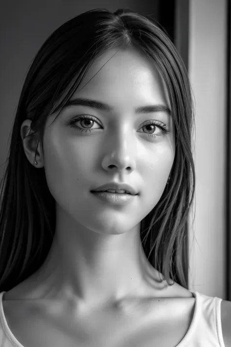 table top, highest quality, Photoreal, Super detailed, finely, High resolution, 8k wallpaper, RAW photo, Professional, Advanced level of detail, (((monochrome photography))), 1 girl, (facing the front), Upper body, perfect face, (Only lips red)