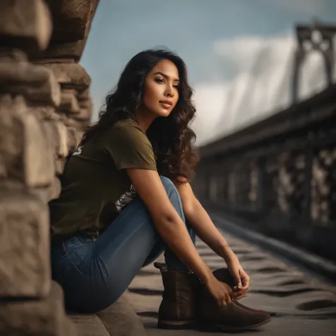 Low angle photography of a indonesian beautiful woman with wavy hair sitting in a famous bridge wearing a t-shirt labeled "Andika"  jeans, boots in front of a stone wall, very detail, sharp focus, hyper realistic, ultra HD, serene,