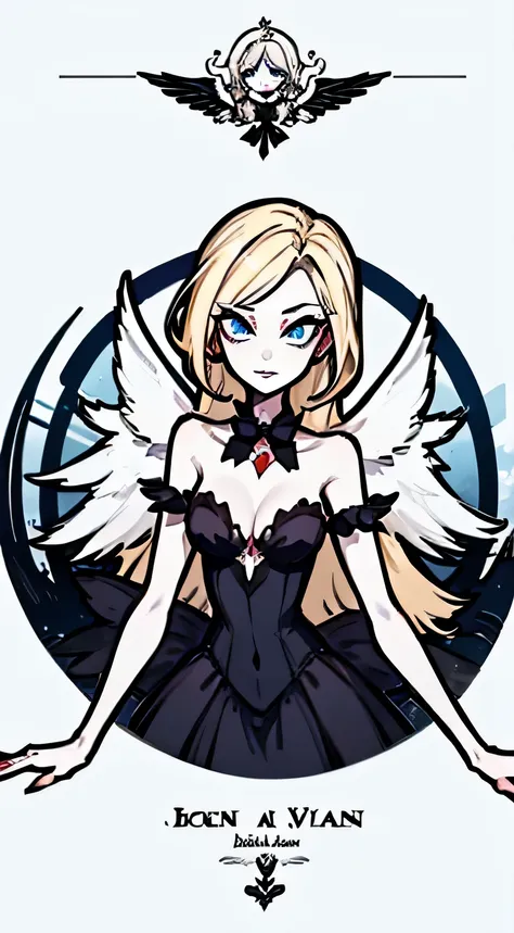 Hazbin hotel oc, beautiful arch angel,  six wings,  blonde,  blue eyes. Mature woman, 1 girl 