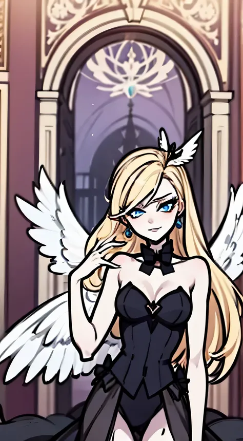 Hazbin hotel oc, beautiful arch angel, six wings, blonde, blue eyes. Mature woman, 1 girl