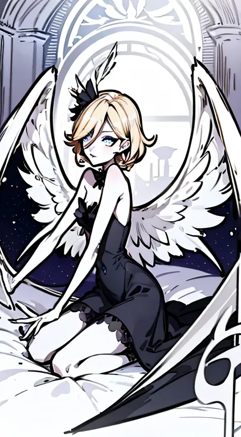 Hazbin hotel oc, beautiful arch angel,  six wings,  blonde,  blue eyes. Mature woman, 1 girl 