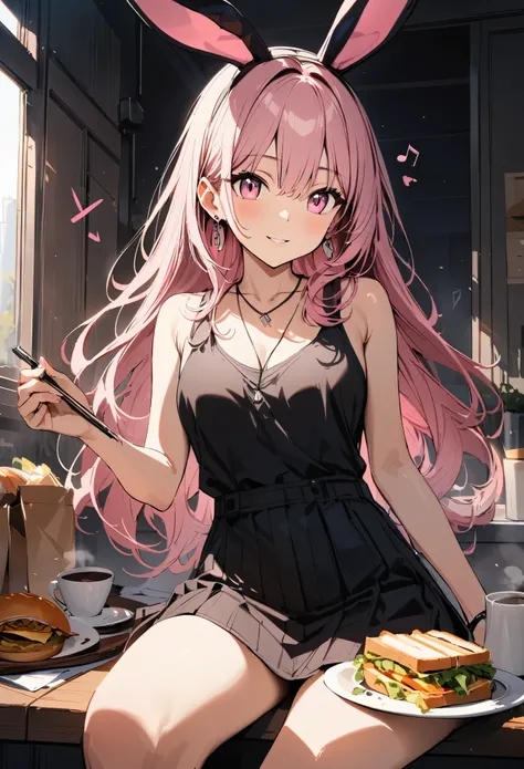 masterpiece, highest quality, Super fine, super fine, 4k, 8K, highest quality, beautiful, cute woman, alone, (beautiful pink hair, beautiful pink eyes, beautiful eyes, long hair, Bunny ears, smile),
break , breakfast, fried egg,sandwich,coffee,Tank top,min...