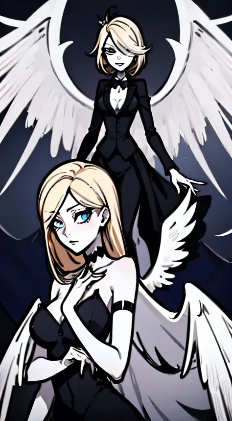 Hazbin hotel oc, beautiful arch angel,  six wings,  blonde,  blue eyes. Mature woman, 1 girl 