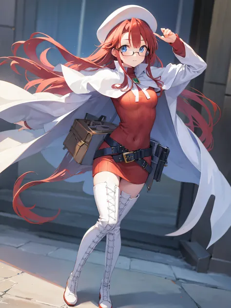 summonnightaty, aty, long hair, blue eyes, red hair, beret, hat, glasses,
BREAK long hair, thighhighs, hat, dress, boots, glasses, belt, cape, sweater, zettai ryouiki, beret, thigh boots, white footwear, ribbed sweater, loose belt,solo,
BREAK outdoors, fan...