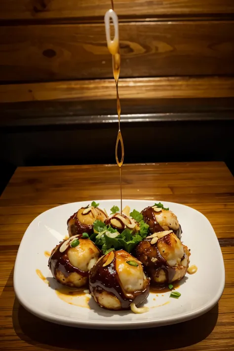 takoyaki, mixed with chicken adobo, with fried garlic garnish, realistic, transparent image