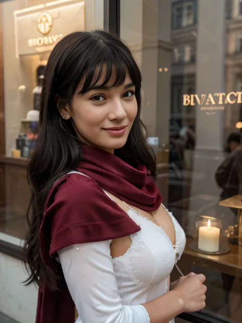 solo lovely smiling Bettie Page,, in front of boutique, (highest quality texture), boutique store front, display windows full of interesting items, film quality, dark skinned woman dressed in high style fashion, she wears red velvet scarf, (highest level r...