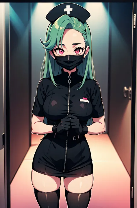 black nurse, 1woman, solo, black nurse cap, black nurse uniform, ((black legwear, zettai ryouiki)), black elbow gloves, forehead, long hair, green hair, pink eyes, ((black surgical mask, covered nose)), standing, ((surgery room)), sharp outline, short slee...