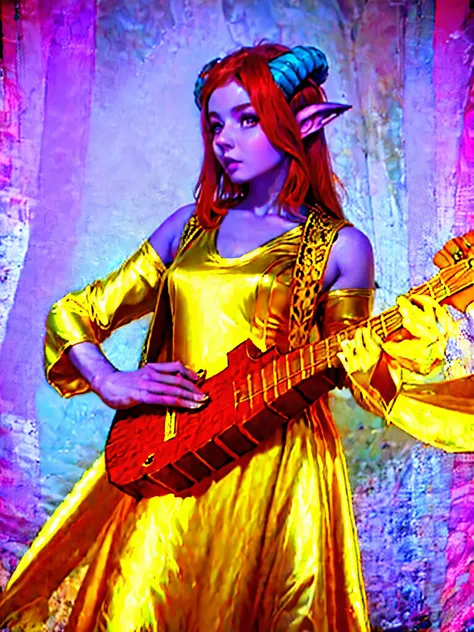 clothed redhead girl with purple skin holding a lute, gold clothes, horns