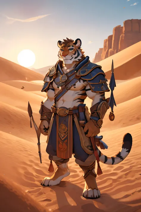 highres, furry, anthro, tiger, gray eyes, tail, sun, desert background, standing on a sand dune, sandstorm, cacti, dust, heat, solo, 1 boy, masterpiece, best quality, extremely detailed, expressive, dramatic light, epic setting, very detailed, light agains...