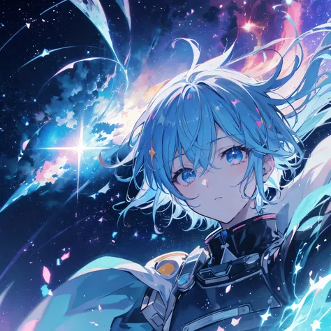 anime boy looking at a shooting star above the clouds, highly detailed raw color photo, dynamic pose, (cosmic: 1.4), (necropolis: 1.1), (science fiction setting), chromatic aberration, depth of field, soft lighting, masterpiece, best quality, intricate, (l...