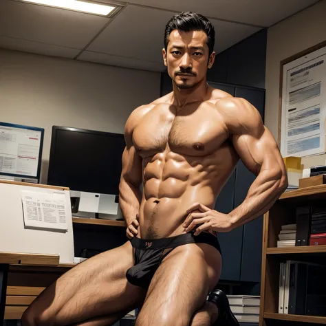 45 years old，Hidetoshi Nakata，（Kogoro Mouri 1.3），Shirtless muscular man，mustache，Eye，Suit，Kneel in the office，black stockings，Sexy Lingerie