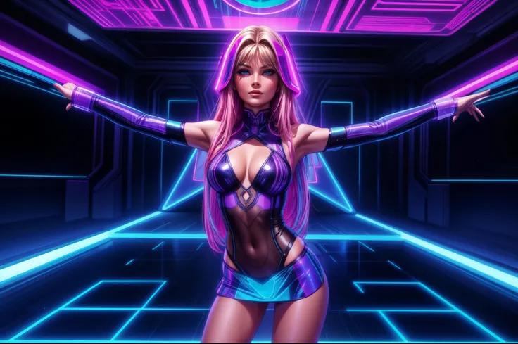 young Bo Derek, hologram miniskirt, see-through clothes, holopunk, digital projections, neon vibrancy, transparent interfaces, wearable technology, cyber clubbing, dancing girls