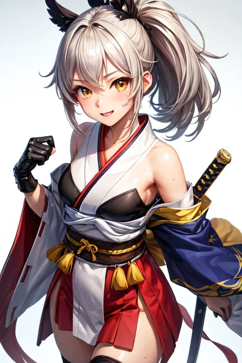 [(transparent background:1.5)::5],(((masterpiece))),(((highest quality))),(((very detailed))),figure, 1 girl,alone,Mysterious,Bright colors,shiny,side ponytail,short hair  (gray hair),(yellow eyes), Thighhighs、gloves、nature, Kunoichi,Miko costume,Japan wie...