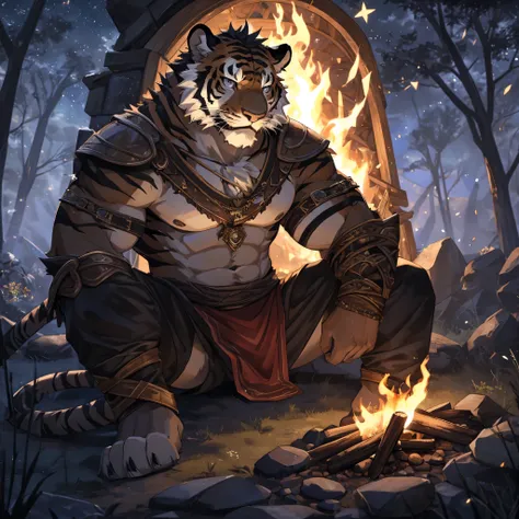 highres, furry, anthro, tiger, gray eyes, detailed eyes, tail, medieval, fantasy, outdoors, outside, night , forest, campfire, stars, sitting, (bust portrait), solo, 1 boy, masterpiece, best quality, extremely detailed, expressive, dramatic light, epic set...