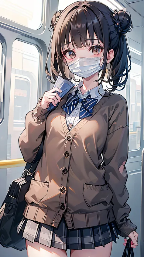 (8K、Highest image quality、highest quality、masterpiece)、detailed face、((one loli))、black hair、single hair bun、blunt bangs、gray eyes、((black surgical mask))、small breasts、blue bow tie、((brown cardigan:1.2))、plaid skirt、(((micro miniskirt:1.1)))、cowboy shot、A...