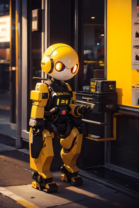 cute advanced robot facing to the side, cyberpunk futuristic robot life form yellow bananas