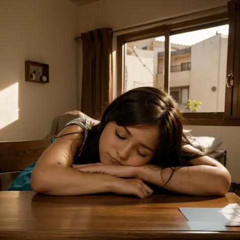 (Dibujo animado) drawing of a girl lying on a table listening to music with her eyes closed