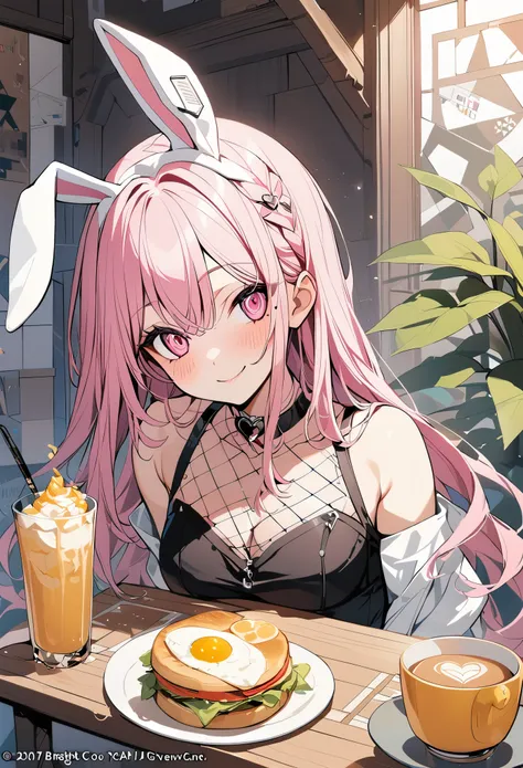 1 girl, pink long hair, heart shaped eyes,rabbit ears, {Pink semi-long hairの女の子、 The name Nami}, (Pink eye color), {breakfast、fried egg、sandwich、coffee}, (smile), bright background , mole under eye, heart shaped choker, (masterpiece, highest quality), very...