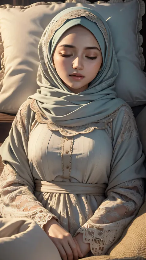 (RAW style, masterpiece, best quality, ultra-detailed) closed-up view , a sleeping beautiful hijab woman ((closed eyes)) laying head in pillow , exquisite image boasts an ultra-realistic and ultra-detailed representation, with intricate details that captur...