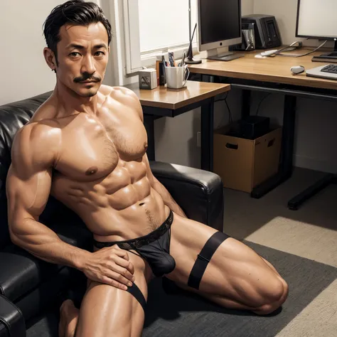 45 years old，Hidetoshi Nakata，（Kogoro Mouri 1.3），Shirtless muscular man，mustache，Eye，Suit，Kneel in the office，black stockings，Sexy Lingerie