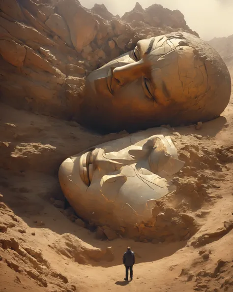 from above, Bokeh, ultra high definition, masterpiece, high detail, high quality, Award-winning, best quality, high resolution, 16K，
(Elevation viewing angle），Big dumb object，（英俊男子巨大雕塑portrait&#39;Head fell in the desert：1.3），（A small man is looking at the...