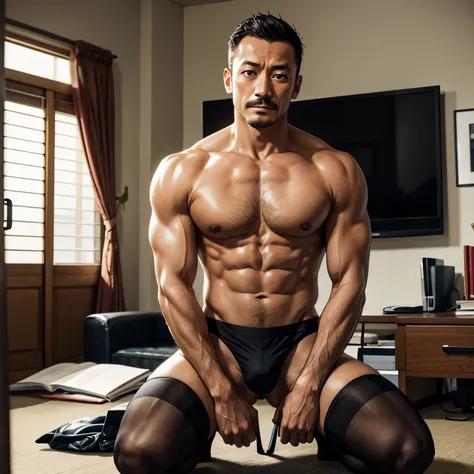 45 years old，Hidetoshi Nakata，（Kogoro Mouri 1.3），Shirtless muscular man，mustache，Eye，Suit，Kneel in the office，black stockings，Sexy Lingerie