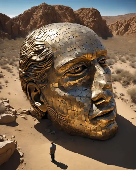 from above, Bokeh, ultra high definition, masterpiece, high detail, high quality, Award-winning, best quality, High resolution, 16K, (elevation angle), Big dumb object, (Handsome Man Huge Sculpture portrait &#39;s head dropped in the desert: 1.3), (A small...