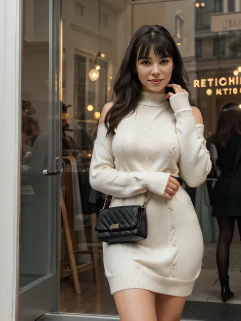 solo lovely smiling Bettie Page, in front of boutique, (highest quality texture), boutique store front, display windows full of interesting items, film quality, completly dressed in high style leather fashion, large wool sweater, long maxy wool skirt, sof ...