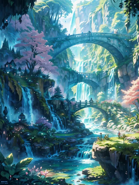 a painting of a garden with a waterfall and a bridge, floral environment, anime scenery concept art, anime background art, magical environment, background art, scenery artwork, fantasy magical vegetation, fantasy painterly style, whimsical fantasy landscap...