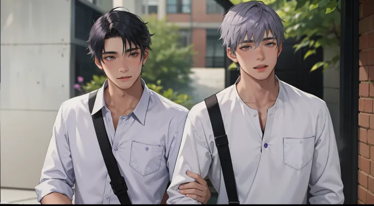 two 16 year old boys with gray and violet hair