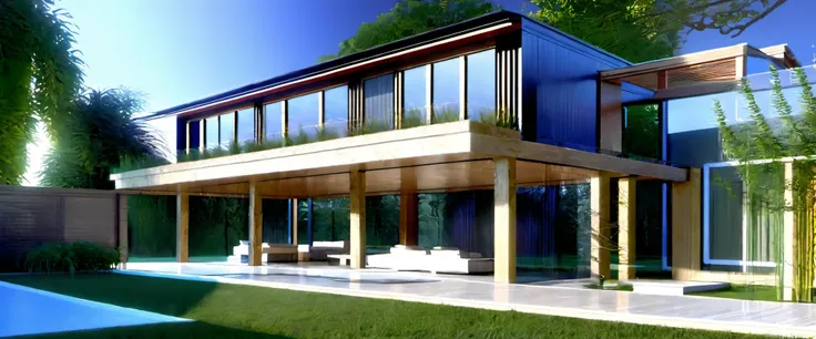 Masterpiece,Nature,Enhance,photorealistic,3d style,photo r3al,Modern pergolas, black column , wooden ceiling; outdoors, sky, day, cloud, tree, blue sky, no humans, window, shadow, grass, building, scenery, door, bench, house,landscape architecture photo, h...
