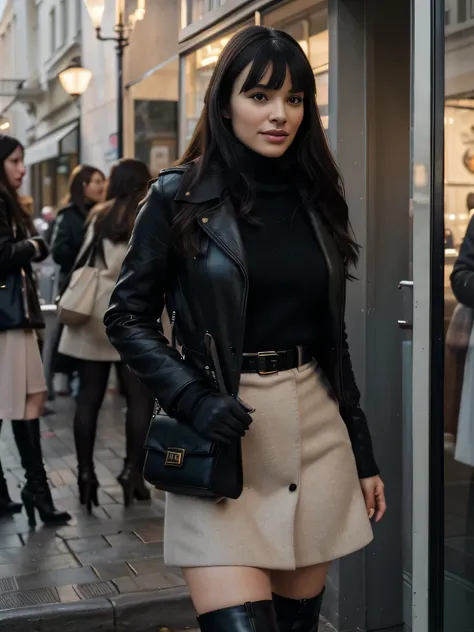 solo lovely smiling Bettie Page, strong daylight,wintertime, very cold, raining,in front of boutique, (highest quality texture), boutique store front, display windows full of interesting items, film quality, completly dressed in high style leather fashion,...