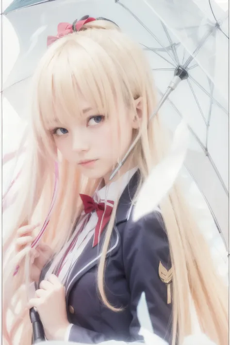 Long Blond hair,holding seethrough umbrella,high school,blue highschool uniform,girl