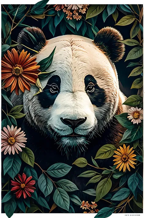 contemporary art collage, panda head, front，with flowers and leaves, some smart insects, painted, super detailed, full color, br...