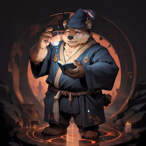 New Jersey 5 Hairy, Bear，Full body portrait of an individual, male,exquisite， chubby，thick arms，plush fur，front，stand，Mage hat，robe，Mage Pants，Handheld a magic book，calm