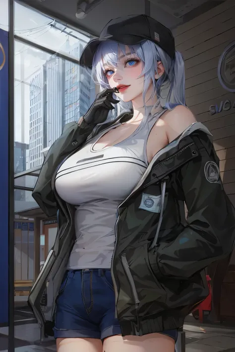 Female, anime (black hair, length:1.7), shorts, chest, black shirt, bare shoulders, shorts, short jeans, in a dark room, beautiful blue-gray eyes.