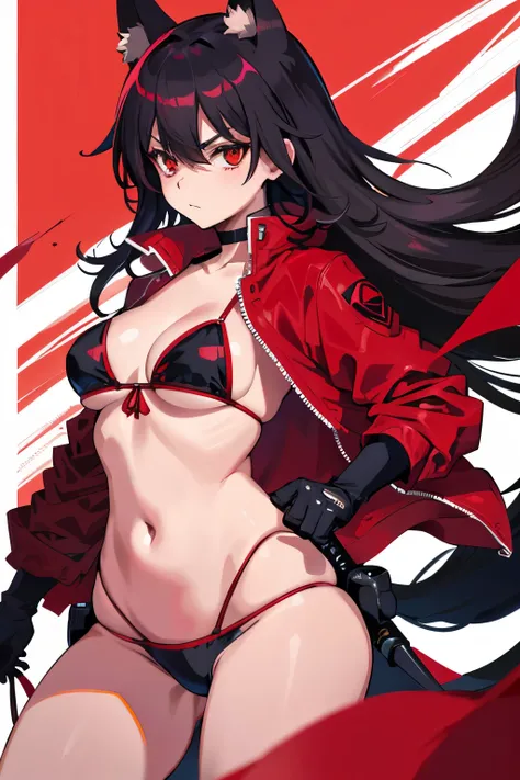 Fox Demon Little Red Lady, Schwarz Bikini, Open red big jacket, Rotes Katana