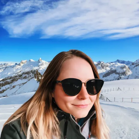 blond woman in sunglasses standing in front of a mountain with snow, in the swiss alps, in the snow mountains, mountains in the background, with mountains in the background, in the mountains, in mountains, only snow in the background, girl of the alps, wit...