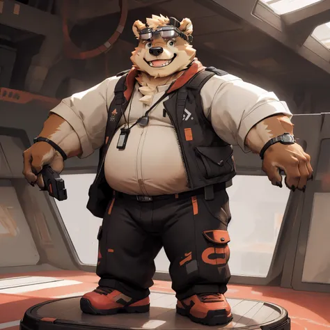 New Jersey 5 Hairy, Bear，full body portrait, male,exquisite， chubby，thick arms，plush fur，front，stand，pilot goggles，Specialty clothes，stunt pants，holding handgun，Smile