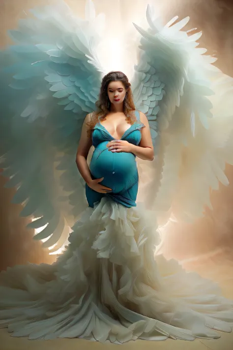 pregnant woman in a blue dress with angel wings, grand angel wings, full - body majestic angel, of an beautiful angel girl, massive angel wings, cyan photographic backdrop, belly free teal dress, girl with angel wings, teal ethereal tendril wings, full bod...